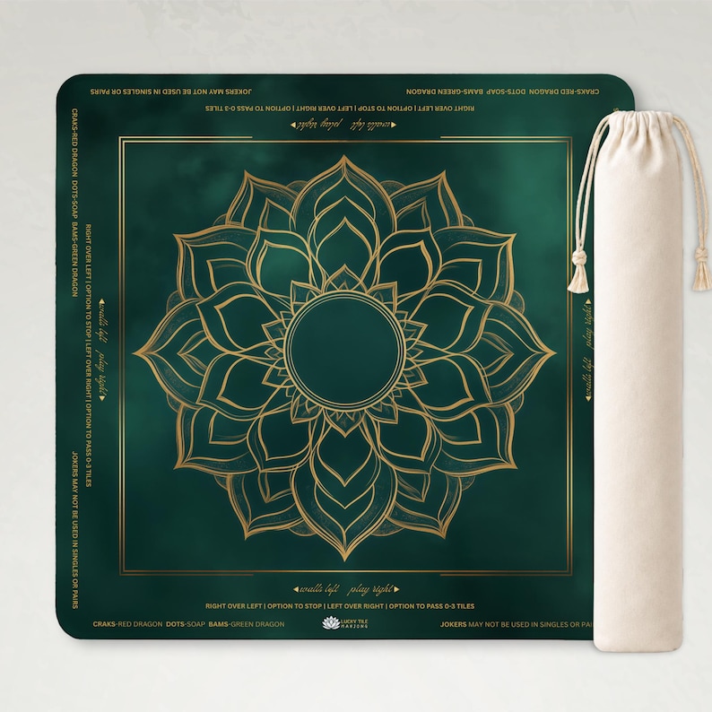 May include: A green and gold game mat with a floral design and text. The mat is rectangular with a gold border and a matching drawstring bag. The text includes game instructions and the phrase "walls lift, play right."