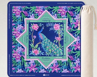 Peacock Mahjong Mat, 3mm, Sapphire Blue Water Lily & Bamboo, American Mahjong Table Mat with Carry Bag