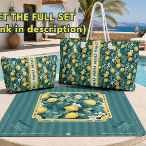 May include: A matching set featuring a large tote bag with white rope handles, a zippered pouch, and a rectangular game mat. All items display a dark green pattern of yellow lemons and white blossoms, with text reading MAHJ and Charleston.