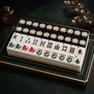 May include: A set of white and black Mahjong tiles arranged in rows on a dark green tray. The tiles feature engraved lotus flower patterns, red and green dragon motifs, numbered suits, Joker labels, and black Chinese characters for East and South.