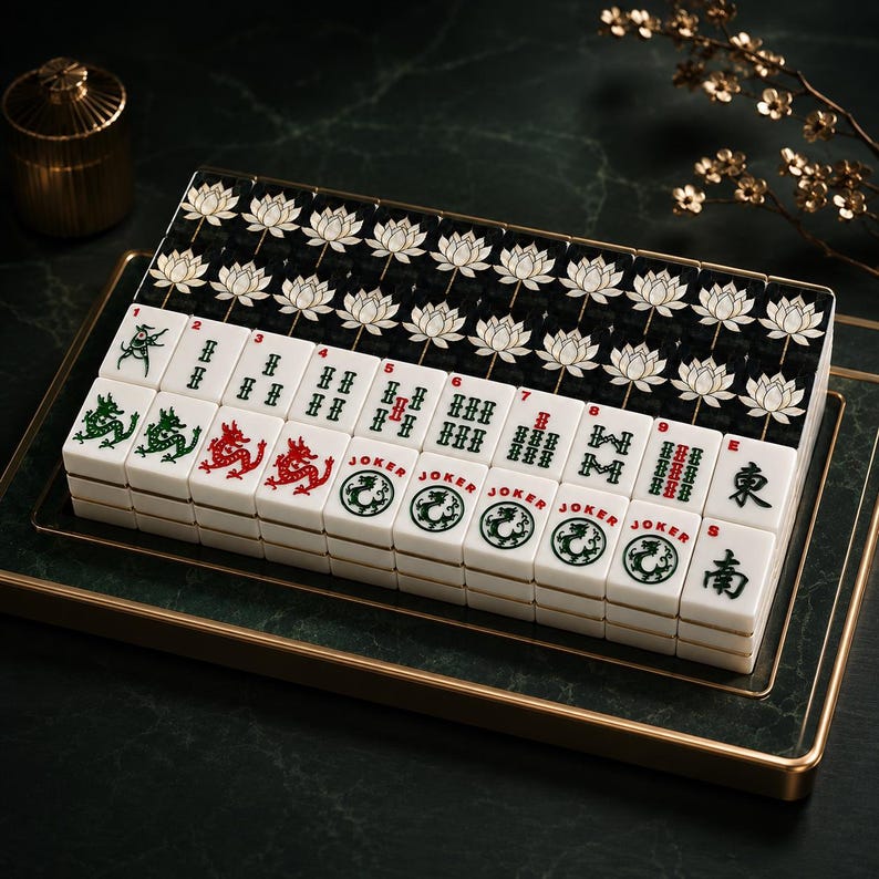 May include: A set of white and black Mahjong tiles arranged in rows on a dark green tray. The tiles feature engraved lotus flower patterns, red and green dragon motifs, numbered suits, Joker labels, and black Chinese characters for East and South.