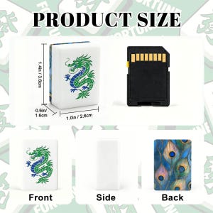 May include: A white mahjong tile featuring a green dragon graphic on the front and a blue and gold peacock feather pattern on the back. The tile measures 1.4 inches by 1.0 inch by 0.6 inches, shown next to an SD card for scale with text PRODUCT SIZE.
