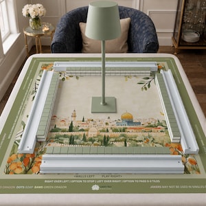 May include: A green and white tile game set with a scenic background of a city. The set includes green tiles, white rails, and a green lamp. The game board has text that reads "Walls Left" and "Play Right".