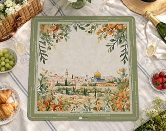 Jerusalem Mahjong Mat, 3mm, Old City Watercolor Design, Olive Branches and Citrus Border, American Mahjong Table Mat, Mah Jongg Mat