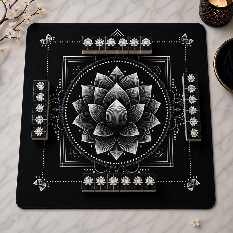 May include: A square black mahjong mat featuring a large white lotus flower graphic in the center, surrounded by geometric lines and dots. Four rows of matching black and white lotus-patterned mahjong tiles are arranged along the edges.