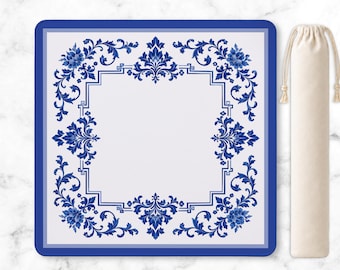 Blue and White Chinoiserie Mahjong Mat 3mm, Porcelain Set Matching Mah Jongg Mat with Carry Bag