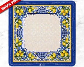 Amalfi Mahjong Mat, Blue Lemon Mediterranean Mat, Canvas Carry Bag Included, 3 Size Options