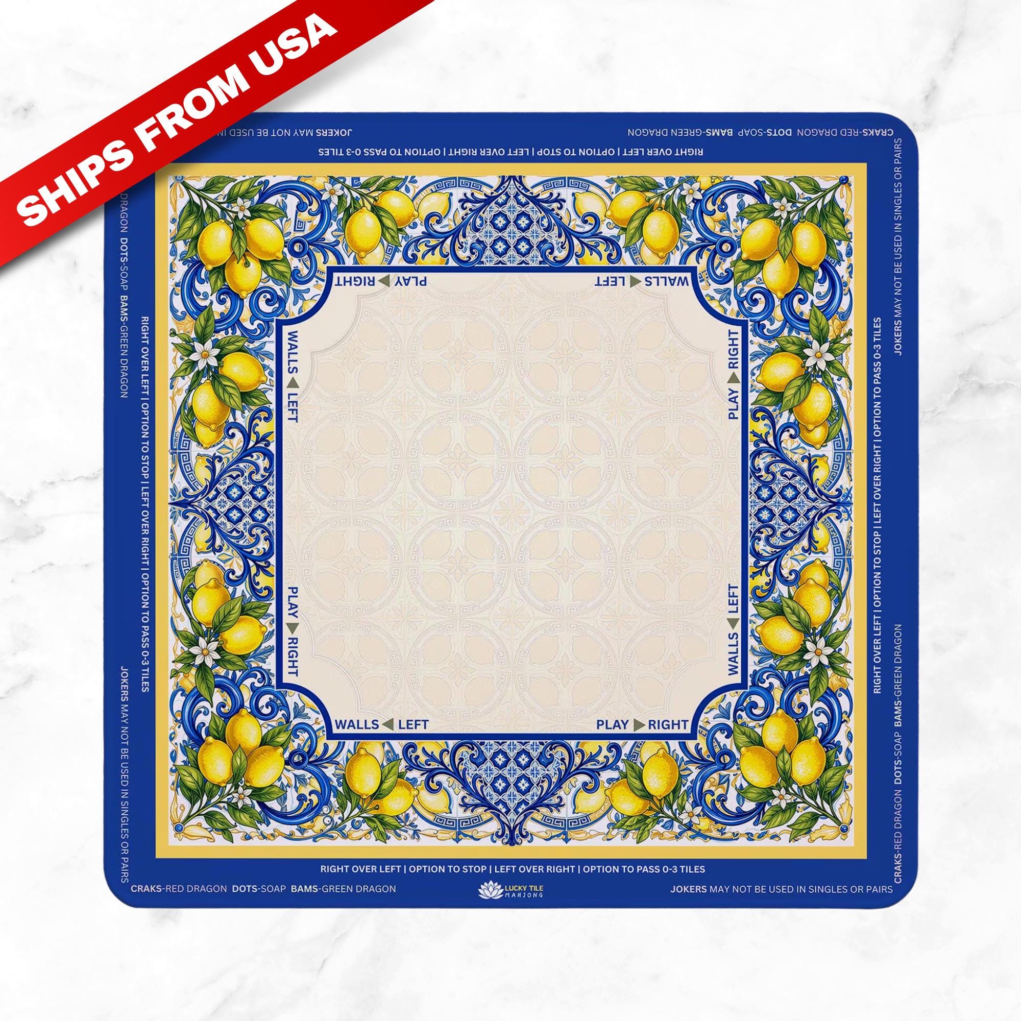 Amalfi Mahjong Mat, Blue Lemon Mediterranean Mat, Canvas Carry Bag