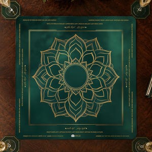 May include: A green game mat with a gold floral design in the center. The mat has text around the edges and is surrounded by matching coasters. The mat is designed for a game.