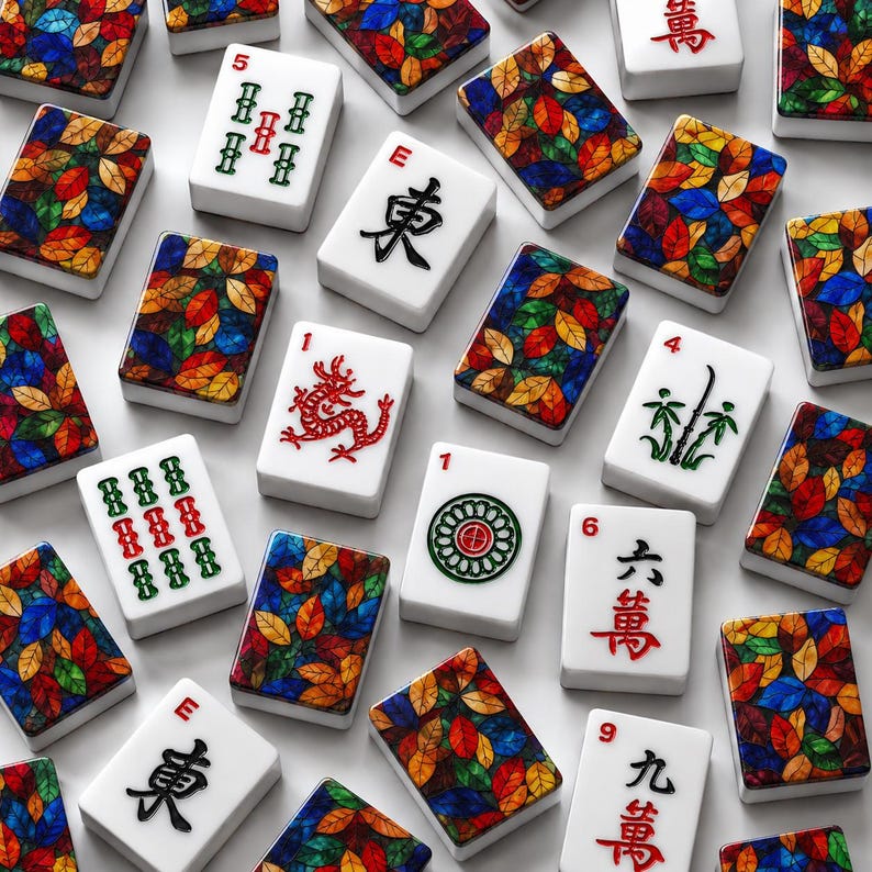 May include: A collection of rectangular mahjong tiles featuring white faces with various red, green, and black symbols, numbers, and characters. The backs of the tiles display a vibrant, multi-colored stained glass pattern of leaves.