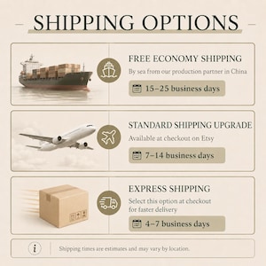 May include: A graphic illustrating shipping options, including a cargo ship, airplane, and delivery truck. Text details free economy shipping, standard shipping upgrade, and express shipping, with estimated delivery times.