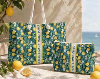 Lemon Teal Mahjong Tote Bag and Pouch Set, Summer Mahjong Tile Bag, American Mah Jongg Beach Travel Storage Bag
