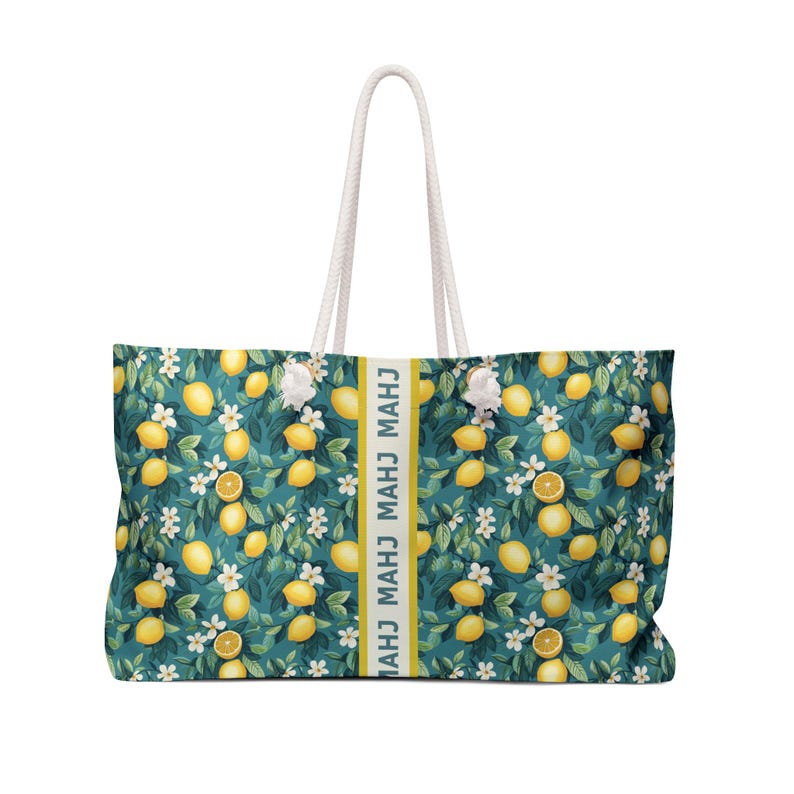 Lemon Teal Mahjong Tote Bag and Pouch Set, Summer Mahjong Tile Bag, American Mah Jongg Beach Travel Storage Bag image 4