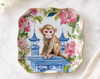 Porcelain Monkey Mahjong Dice Dish, Chinoiserie Jewelry Tray, Mahjong Gift