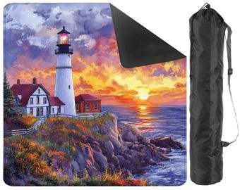 Leuchtturm-Mahjong-Tischmatte, Sonnenuntergang-Mahjong-Tischmatte im amerikanischen Stil mit Tragetasche