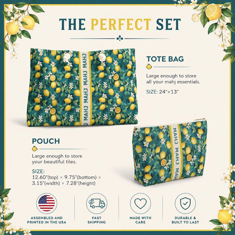 May include: A tote bag and a pouch featuring a green background with a yellow lemon and white flower pattern. The tote bag measures 24 inches by 13 inches. The pouch measures 12.60 inches at the top, 9.75 inches at the bottom, 3.15 inches wide, and 7.28 inches high. Both items feature a vertical yellow stripe with the text MAHJ.