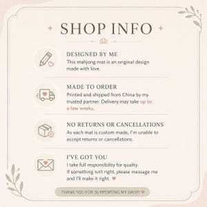 May include: A cream-colored graphic with the text "SHOP INFO" at the top. The text describes the product design, production, and return policy. The bottom of the graphic reads "THANK YOU FOR SUPPORTING MY SHOP!"