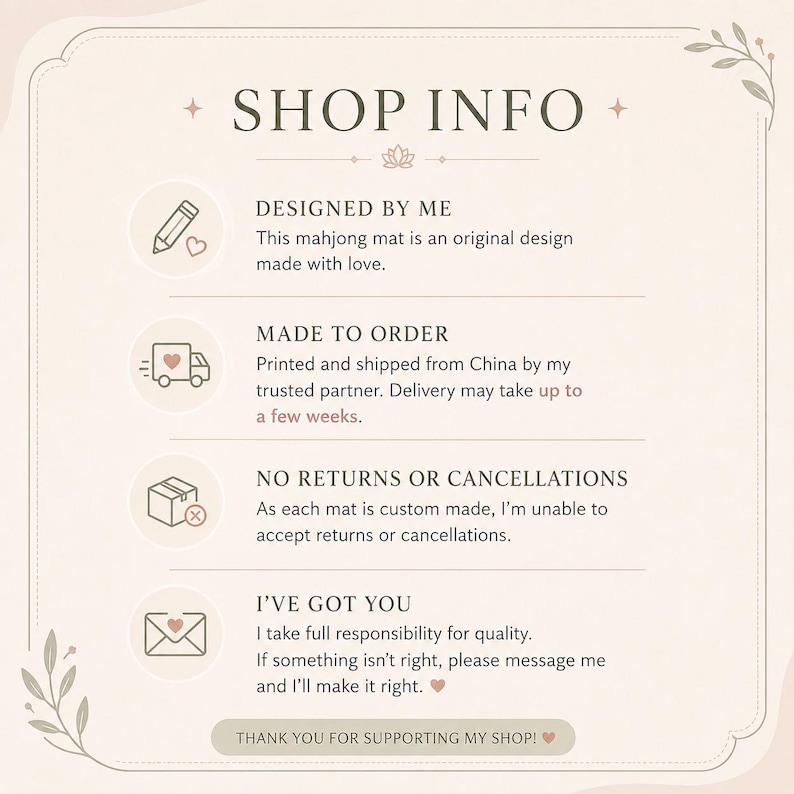 May include: A cream-colored graphic with the text "SHOP INFO" at the top. The text describes the product design, production, and return policy. The bottom of the graphic reads "THANK YOU FOR SUPPORTING MY SHOP!"
