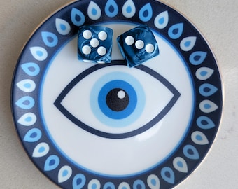 Evil Eye Mahjong Dice Dish, Blue & White Porcelain Trinket Dish, Mediterranean Jewelry Dish