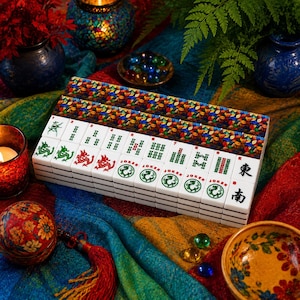 May include: A set of white Mahjong tiles arranged in rows, featuring green and red engraved symbols, including dragons, bamboo, and Joker tiles. The tiles are topped with a colorful, patterned rectangular box lid featuring a mosaic of small leaves.