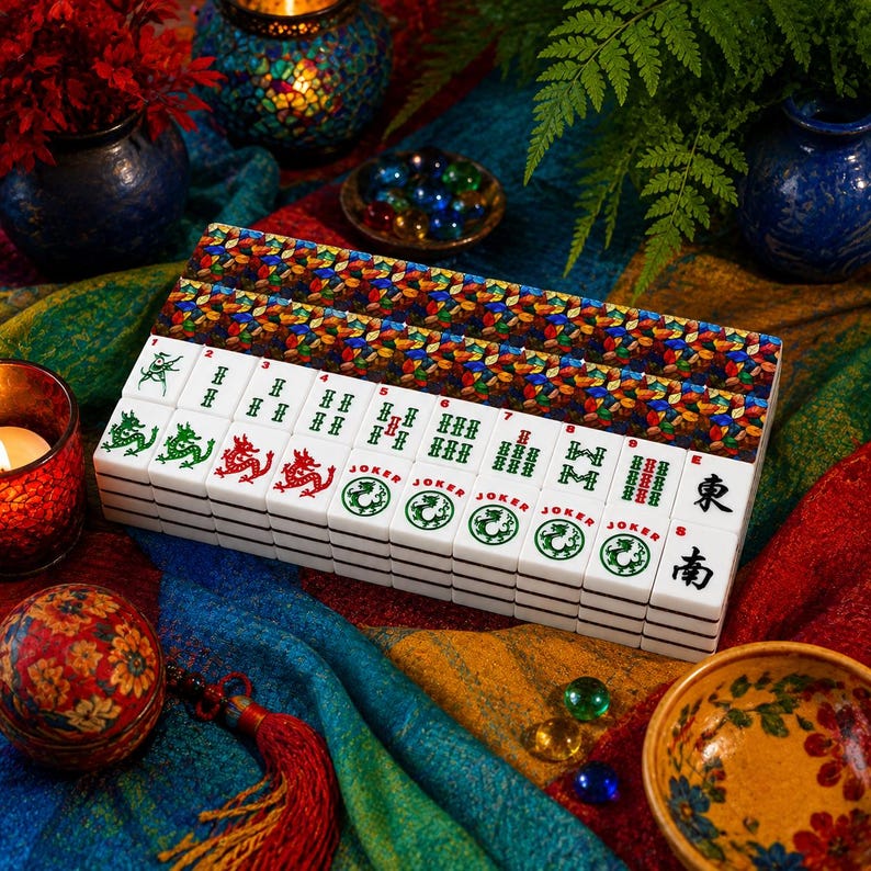 May include: A set of white Mahjong tiles arranged in rows, featuring green and red engraved symbols, including dragons, bamboo, and Joker tiles. The tiles are topped with a colorful, patterned rectangular box lid featuring a mosaic of small leaves.