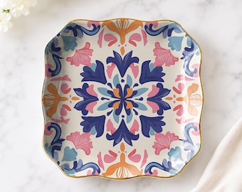 Mediterranean Mahjong Dice Dish, Ceramic Jewelry Tray, Colorful Tile Pattern Dice Holder