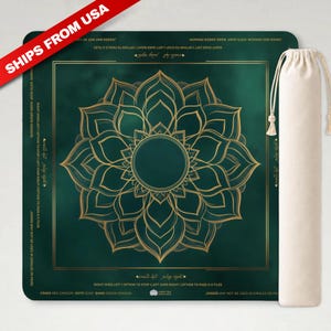 May include: A square dark green mahjong mat featuring a central gold mandala design and gold border lines. The mat includes printed game instructions and rules along the edges in English. A matching beige drawstring storage bag is included.