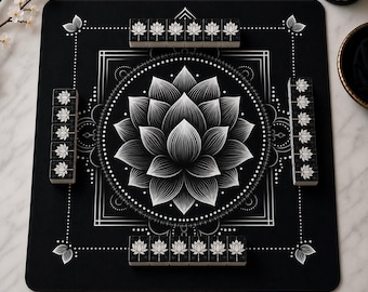 Black Lotus Mahjong Mat 3mm, White Lotus Mandala Mah Jongg Table Mat with Carry Bag