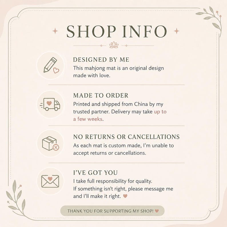 May include: A cream-colored graphic with the text "SHOP INFO" at the top. The text describes the product design, production, and return policy. The bottom of the graphic says "THANK YOU FOR SUPPORTING MY SHOP!"