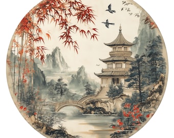 Chinoiserie Round Mahjong Mat 42", Traditional Chinese Mat with Muted Tones, Carry Bag Included