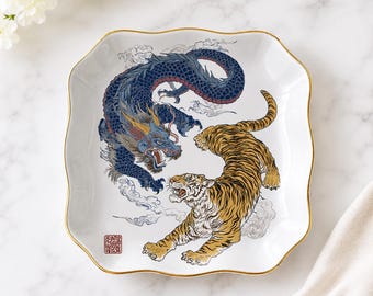 Porcelain Chinoiserie Mahjong Dice Dish, Tiger and Dragon Dice Holder, Mahjong Gift
