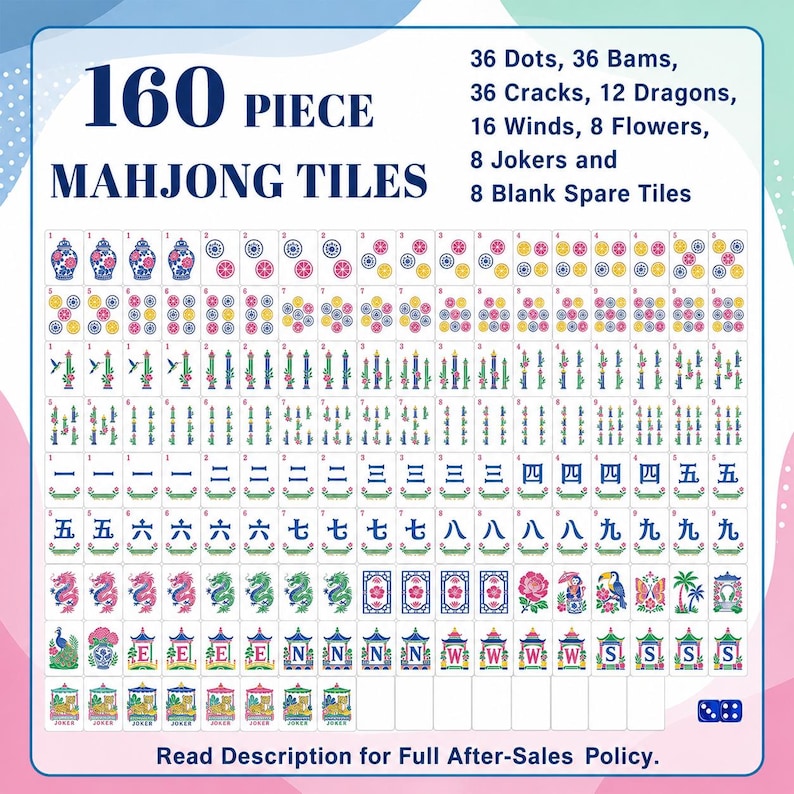 May include: A set of 160 Mahjong tiles featuring 36 dots, 36 bams, 36 cracks, 12 dragons, 16 winds, 8 flowers, 8 jokers, and 8 blank tiles. The tiles display colorful illustrations of vases, floral patterns, Chinese characters, and various icons.