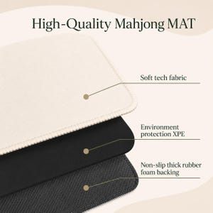May include: A close-up of a high-quality Mahjong mat. The mat is composed of three layers: a soft tech fabric, environment protection XPE, and a non-slip thick rubber foam backing. The text "High-Quality Mahjong MAT" is at the top.