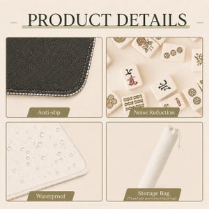 May include: Image showing product details for a game. The image is divided into four sections. The top left shows a black, anti-slip surface. The top right shows game tiles. The bottom left shows a waterproof surface. The bottom right shows a storage bag.