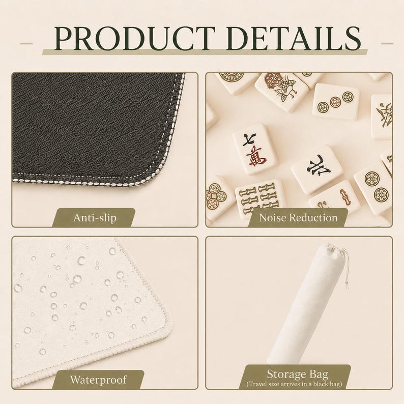May include: Image showing product details for a game. The image is divided into four sections. The top left shows a black, anti-slip surface. The top right shows game tiles. The bottom left shows a waterproof surface. The bottom right shows a storage bag.