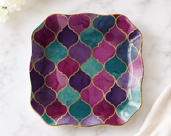 Porcelain Moroccan Mahjong Dice Dish, Purple and Green Art Deco Pattern Dice Holder
