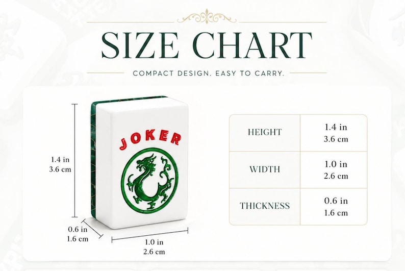 May include: A white Mahjong tile with a green dragon graphic and the red text JOKER. A size chart displays dimensions of 1.4 inches in height, 1.0 inch in width, and 0.6 inches in thickness. The text SIZE CHART and COMPACT DESIGN. EASY TO CARRY. appear.