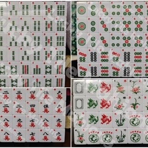May include: A collection of white Mahjong tiles featuring various green, red, and black engraved symbols, including bamboo, circles, characters, dragons, flowers, and joker tiles, all arranged in organized grids across four distinct sections.