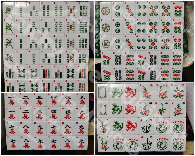 May include: A collection of white Mahjong tiles featuring various green, red, and black engraved symbols, including bamboo, circles, characters, dragons, flowers, and joker tiles, all arranged in organized grids across four distinct sections.