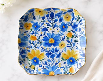 Blue and Yellow Floral Mahjong Dice Dish, Mediterranean Ceramic Jewelry Tray