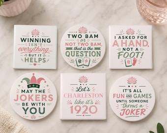 Funny Mahjong Ceramic Coaster Set of 6, Mahjong Accessories. Mahjong Gift, Mah Jongg Humor Coasters