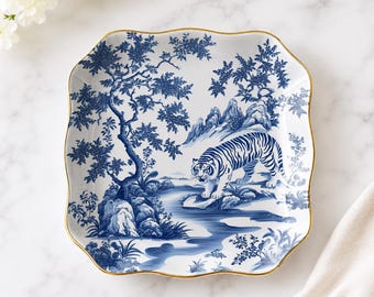 Porcelain Chinoiserie Mahjong Dice Dish, Blue and White Tiger Dice Holder, Mahjong Gift