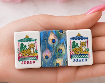 Peacock Feathers American Mahjong Tiles with Display Box, Hand Painted Luxury Mah Jongg Set