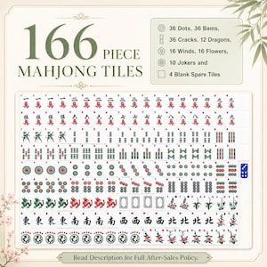 May include: A 166-piece Mahjong tile set featuring various characters, dots, bams, cracks, dragons, winds, flowers, and jokers. The set includes 36 dots, 36 bams, 36 cracks, 12 dragons, 16 winds, 16 flowers, 10 jokers, 4 blank tiles, and two blue dice.