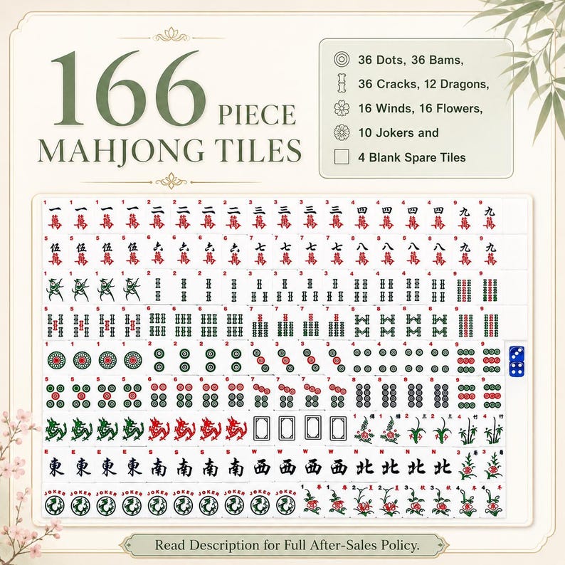 May include: A 166-piece Mahjong tile set featuring various characters, dots, bams, cracks, dragons, winds, flowers, and jokers. The set includes 36 dots, 36 bams, 36 cracks, 12 dragons, 16 winds, 16 flowers, 10 jokers, 4 blank tiles, and two blue dice.