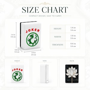 May include: A white rectangular mahjong tile featuring the red text JOKER and a green dragon graphic. The back displays a white lotus flower on a black background. Dimensions are 1.4 inches in height, 1.0 inch in width, and 0.6 inches in thickness.