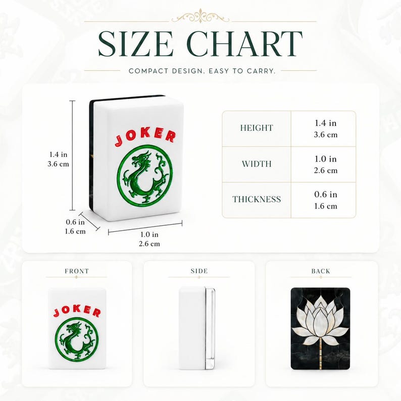 May include: A white rectangular mahjong tile featuring the red text JOKER and a green dragon graphic. The back displays a white lotus flower on a black background. Dimensions are 1.4 inches in height, 1.0 inch in width, and 0.6 inches in thickness.