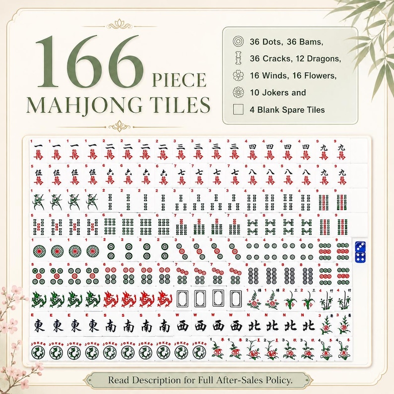 May include: A 166-piece Mahjong tile set featuring white tiles with red, green, and black engraved symbols. The set includes 36 dots, 36 bams, 36 cracks, 12 dragons, 16 winds, 16 flowers, 10 jokers, and 4 blank spare tiles, plus two blue dice.
