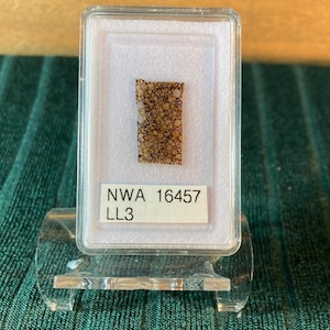 Puede incluir: Un espécimen rectangular del meteorito NWA 16457 LL3, encerrado en una vitrina de plástico transparente. El meteorito tiene un aspecto moteado y texturizado con tonos de marrón, beige y gris. La vitrina descansa sobre un soporte acrílico transparente.