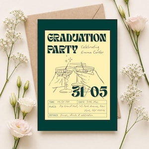 Op de afbeelding: Een uitnodiging voor een afstudeerfeest met een donkergroene rand en een lichtgeel midden. De uitnodiging luidt "GRADUATION PARTY" met de naam "Emma Carter" en de datum "31/05". De uitnodiging bevat ook de tijd, plaats en details.